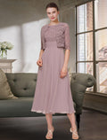 Abito Due Pezzi per Madre della Sposa Ospite Matrimonio Elegante Scollo a Gioiello Lunghezza Tè Chiffon Pizzo Mezza Manica Colore Unito