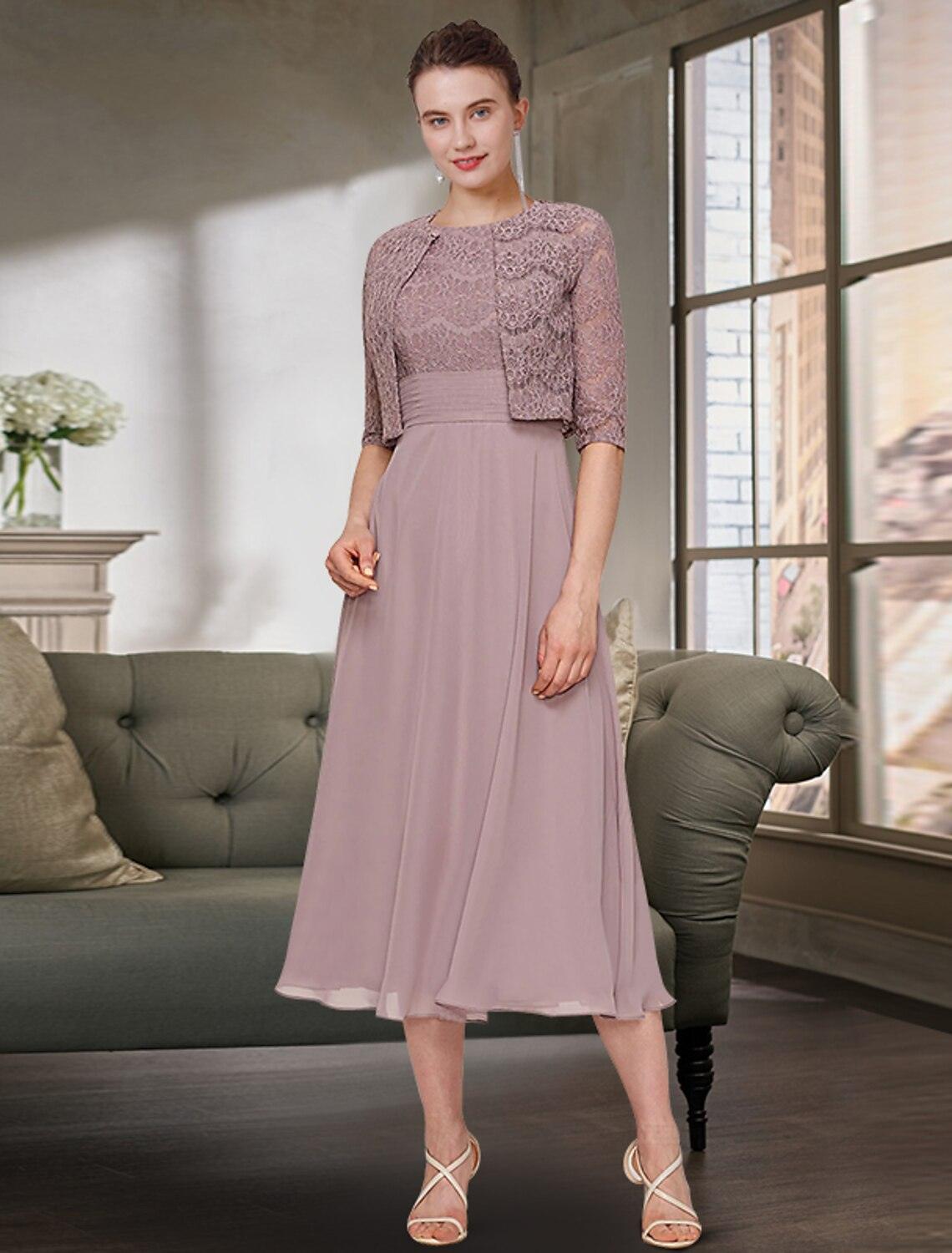 Vestido de duas peças para mãe da noiva, convidada de casamento, elegante, decote em joia, comprimento chá, chiffon, renda, meia manga, cor sólida
