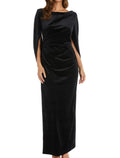 Etuikleid/Säulenkleid für die Brautmutter, Hochzeitsgast, elegant, U-Ausschnitt, knöchellang, Samt, kurze Ärmel, mit Rüschen, einfarbig