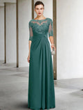 Etuikleid/Säulenkleid für die Brautmutter, Herbstkleid für Hochzeitsgäste, Übergröße, elegant, Rundhalsausschnitt, bodenlang, Chiffon, Spitze, kurze Ärmel mit Applikationen, seitlich drapiert