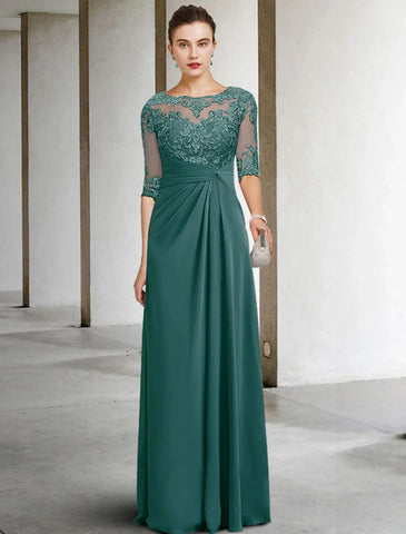 Etuikleid/Säulenkleid für die Brautmutter, Herbstkleid für Hochzeitsgäste, Übergröße, elegant, Rundhalsausschnitt, bodenlang, Chiffon, Spitze, kurze Ärmel mit Applikationen, seitlich drapiert