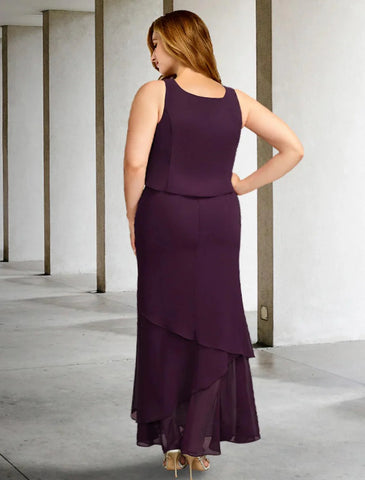 Zweiteiliges A-Linien-Kleid in Übergröße, geschwungen, elegantes Kleid für die Brautmutter, formell, knöchellang, ärmellos, quadratischer Ausschnitt, Chiffon mit Perlenrüschen