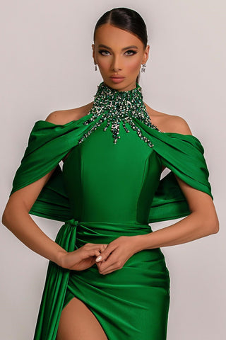 Long Mermaid High Neck Satin Prom Dress with Split