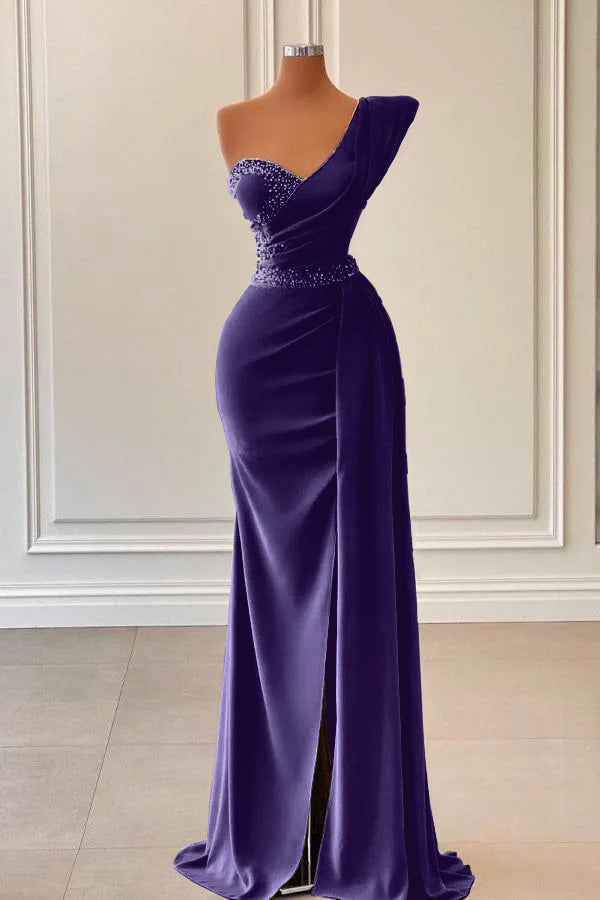 Royal Blue Long Satin One Shoulder Mermaid Evening Dress with Split