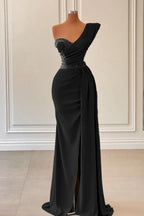 Royal Blue Long Satin One Shoulder Mermaid Evening Dress with Split