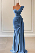 Royal Blue Long Satin One Shoulder Mermaid Evening Dress with Split