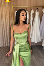 Sage Long Spaghetti Straps Sweetheart Mermaid Evening Dress with Split