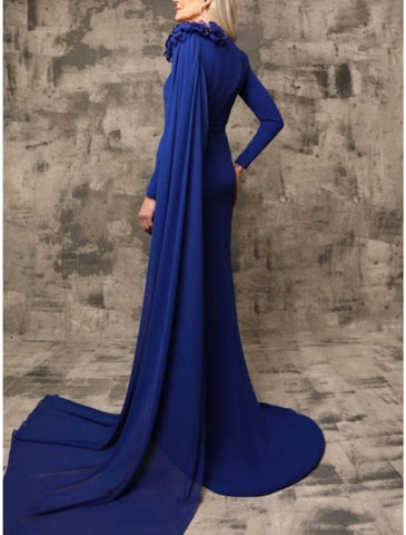 Etuikleid/Säulenkleid für die Brautmutter, Hochzeitsgast, elegant, quadratischer Ausschnitt, Hofschleppe, Stretch-Chiffon, lange Ärmel mit Blumen, einfarbig