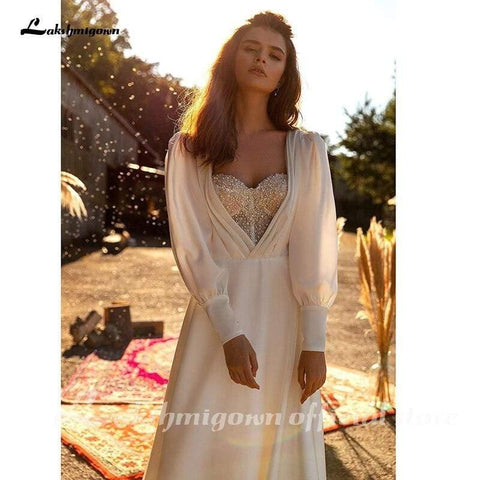 NumberSea Satin A-Linie Brautkleider Langarm Elegant
