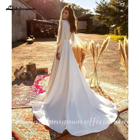 NumberSea Satin A-Linie Brautkleider Langarm Elegant