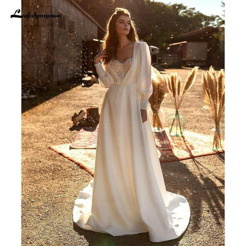 NumberSea Satin A-Linie Brautkleider Langarm Elegant