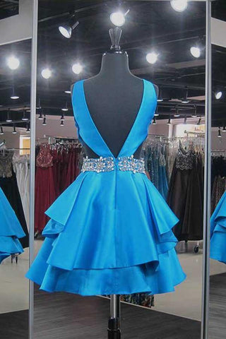 Satinblaues kurzes Homecoming-Kleid mit V-Ausschnitt und Perlenbesatz PD042