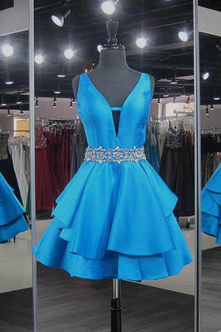 Satinblaues kurzes Homecoming-Kleid mit V-Ausschnitt und Perlenbesatz PD042