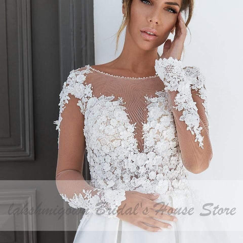 Vestido de noiva de cetim manga comprida NumberSea Plus Size