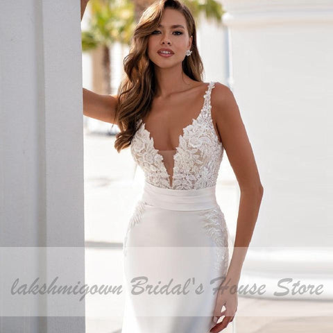 NumberSea Satin Meerjungfrau Brautkleid Brautkleider Lange Schleppe