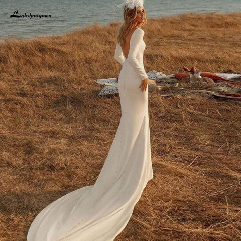 Vestido de noiva estilo sereia em cetim NumberSea, sexy, sem costas, mangas compridas