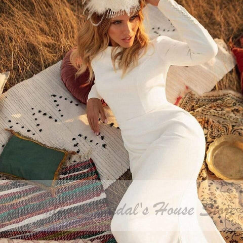 Vestido de noiva estilo sereia em cetim NumberSea, sexy, sem costas, mangas compridas