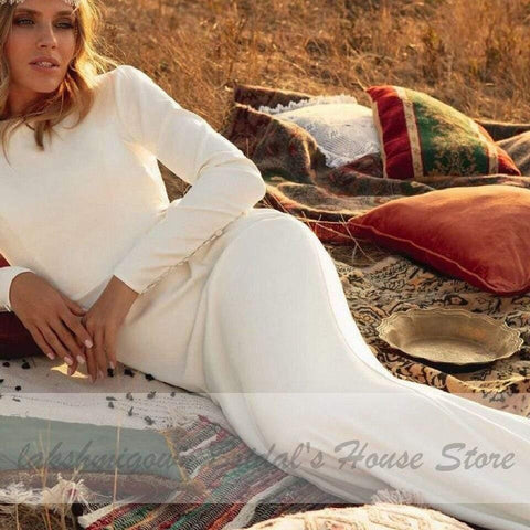 Vestido de noiva estilo sereia em cetim NumberSea, sexy, sem costas, mangas compridas