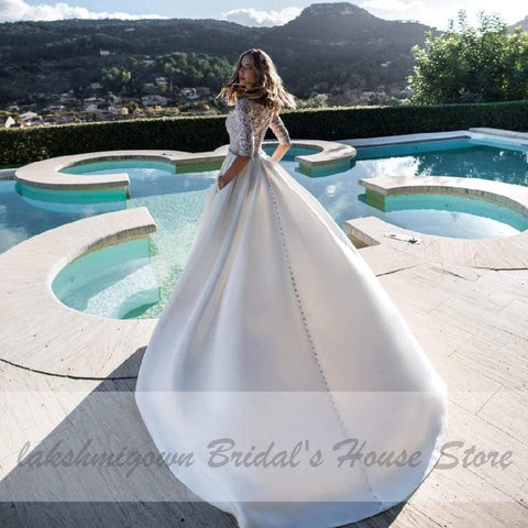 NumberSea Satin Brautkleid Spitze Halbarm A-Linie