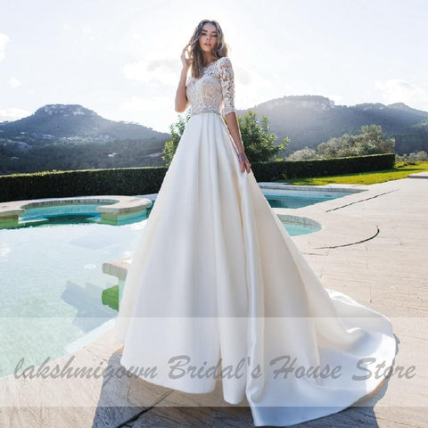 NumberSea Satin Brautkleid Spitze Halbarm A-Linie