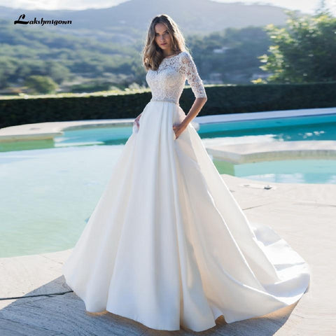 NumberSea Satin Brautkleid Spitze Halbarm A-Linie