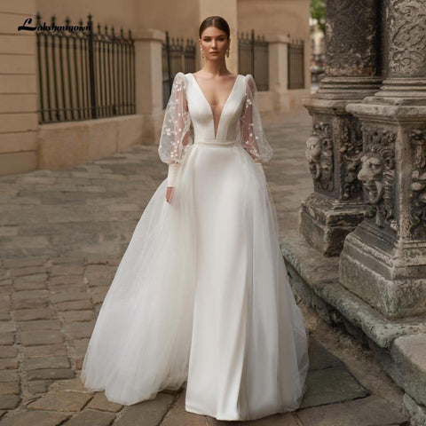NumberSea Satin Brautkleid Puffärmel Sexy Birdal Prinzessin