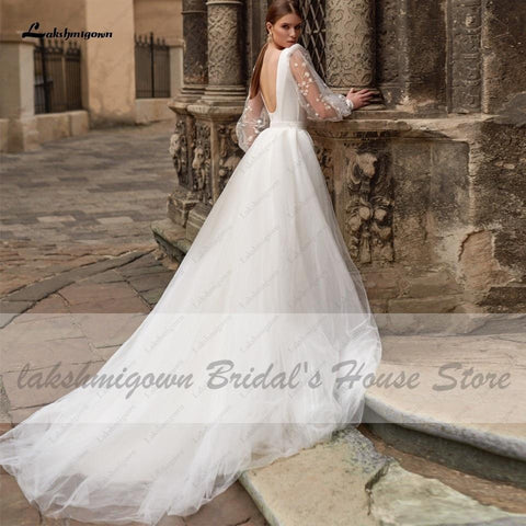 NumberSea Satin Brautkleid Puffärmel Sexy Birdal Prinzessin