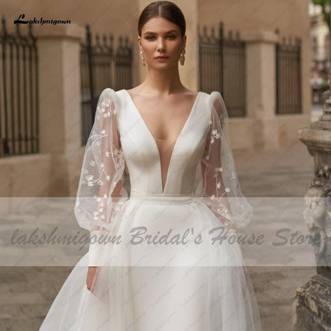 NumberSea Satin Brautkleid Puffärmel Sexy Birdal Prinzessin