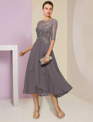 Zweiteiliges A-Linien-Kleid für die Mutter der Braut, formeller Hochzeitsgast, eleganter U-Ausschnitt, knielang, Chiffon, Spitze, halbe Ärmel, Wickelkleid mit Perlen-Pailletten-Applikationen