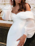 Reception Casual Wedding Dresses Mermaid / Trumpet Off Shoulder Long Sleeve Sweep / Brush Train Satin Bridal Gowns With Ruched