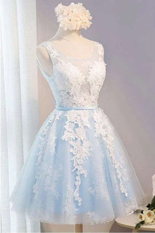 Runder Ausschnitt Kurzes Tüll Homecoming-Kleid Partykleid mit Applikationen Spitze PG137