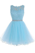 Vestido de Tul con Cremallera Corto Azul para el Baile de Regreso PG013