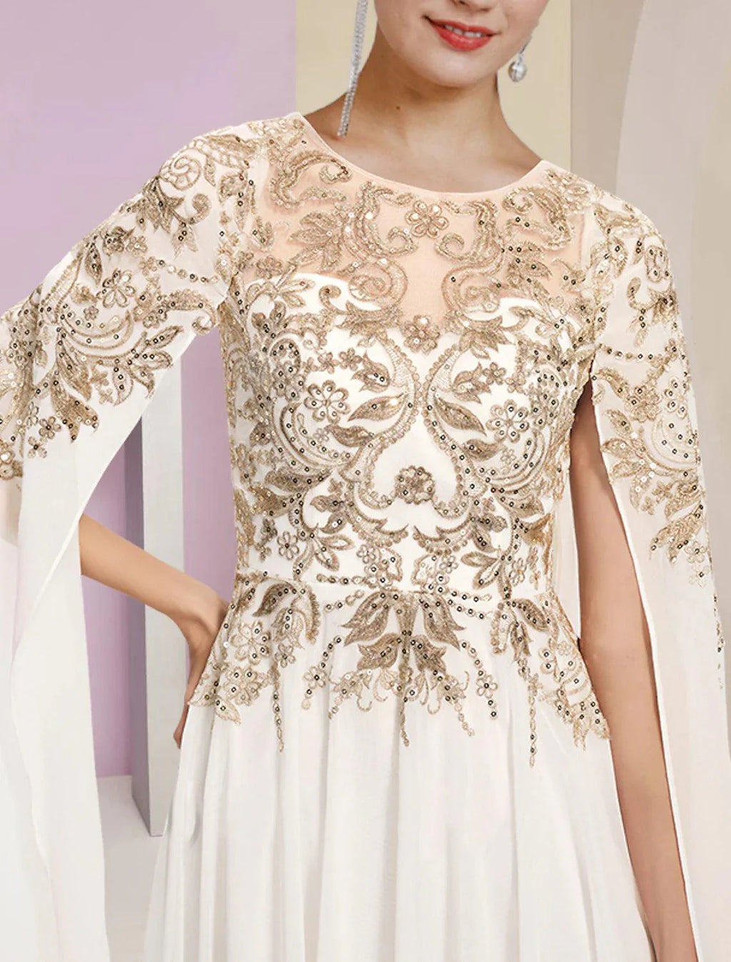 Sheath / Column Mother of the Bride Dress Wedding Guest Party Luxurious Jewel Neck Floor Length Chiffon Lace Sequined Long Sleeve with Pleats