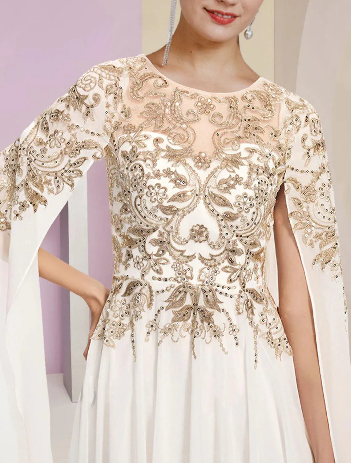 Vestido tubinho/coluna para mãe da noiva, festa de casamento, luxuoso, decote em joia, comprimento até ao chão, chiffon, renda, lantejoulas, manga comprida com pregas