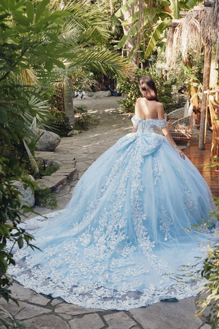 Schulterfreies Ballkleid mit Paillettenapplikation von Juliet JT1458J