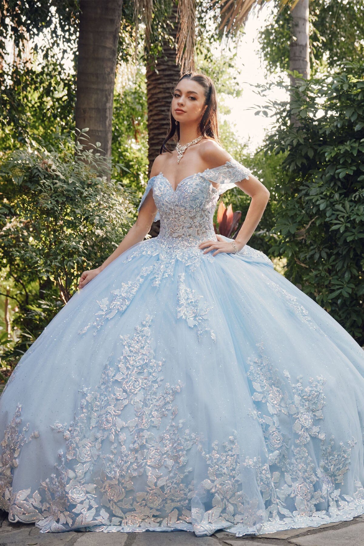 Sequin Applique Off Shoulder Ball Gown by Juliet JT1458J