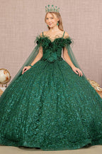 Vestido de baile com lantejoulas e mangas compridas e penas, Elizabeth K GL3169