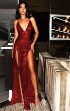 Sequin Spaghetti Straps V-Neck Red Long Prom Dress With Slit