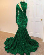 Sequined Green Mermaid Floor Length Prom Gown with High Neck and Long Sleeves