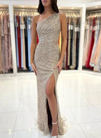 Elegant Mermaid One Shoulder Sequined Sleeveless Long Prom Dress with Front Split by Biztunnel