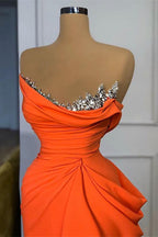 Sequined Strapless Orange Mermaid Draped Satin Long Prom Dress