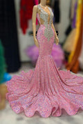 Vestido de fiesta sirena con escote en V y hombreras anchas de lentejuelas largas