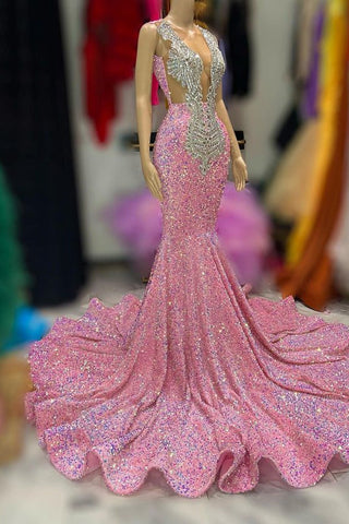 Long Sequins V-neck Mermaid Prom Dress with Wide Shoulder Straps