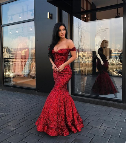 Burgundy Long Sequins Off-the-Shoulder Mermaid Prom Dress