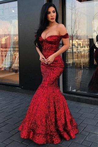 Burgundy Long Sequins Off-the-Shoulder Mermaid Prom Dress