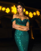 Sequins Dark Green Off-the-Shoulder Long Mermaid Prom Dresses