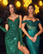 Sequins Dark Green Off-the-Shoulder Long Mermaid Prom Dresses