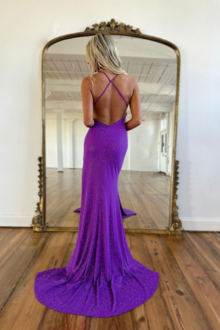 Sequins Prom Dress Mermaid Satin Sleeveless Backless Split Long