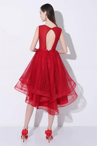 Rotes High-Low-Ballkleid mit Pailletten und offenem Rücken PD095