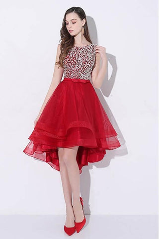 Rotes High-Low-Ballkleid mit Pailletten und offenem Rücken PD095